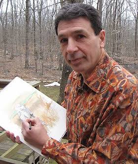 Michael DiGiorgio painting a watercolor outdoors in a North American woodland
